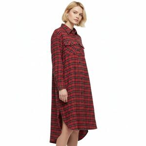 Natural Life Cooper Plaid Flannel Midi LongShirt Dress Small Long Sleeve Red